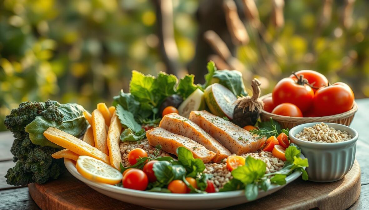 A balanced, healthy meal featuring fresh vegetables, lean protein, and whole grains, set against a serene natural backdrop. The scene is bathed in warm, natural lighting from a DSLR 85mm lens, capturing the inviting textures and vibrant colors. The image conveys a sense of mindfulness and attainable wellness, with subtle imperfections that add to the authentic, relatable feel. The overall mood is one of motivation and positivity, encouraging the viewer to embrace a nourishing, sustainable approach to weight management.