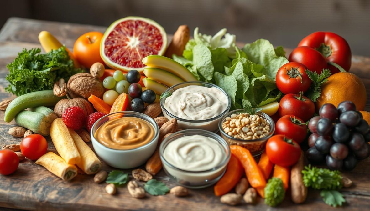 A bountiful arrangement of healthy snacks and light meals, captured in natural light with a DSLR 85mm lens. An assortment of vibrant fruits, crunchy vegetables, protein-rich nuts, and wholesome dips artfully displayed on a rustic wooden surface. Subtle imperfections add to the realistic, inviting atmosphere. The scene exudes a sense of freshness and balance, embodying the concept of "Gesunde Snacks und Zwischenmahlzeiten" for a health-conscious lifestyle.