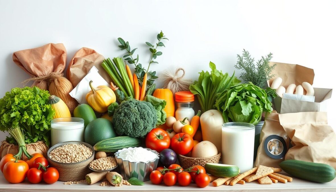 A bountiful display of common household foods, including fresh vegetables, grains, dairy products, and packaged snacks, all showcased against a plain white background. The items are carefully arranged in a visually appealing manner, capturing the essence of "goitrogene lebensmittel bei hashimoto" or "foods that may aggravate Hashimoto's disease." The lighting is natural and soft, creating a clean, inviting atmosphere. The image conveys a sense of caution and awareness, guiding the viewer towards making informed dietary choices to manage their autoimmune condition.