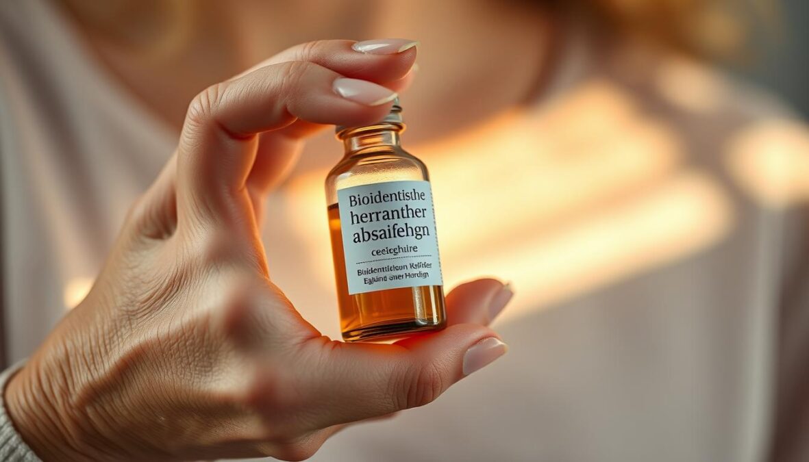 A close-up, photorealistic shot of a woman's hand holding a small glass bottle filled with a clear, amber-colored liquid. The bottle's label clearly shows the German text "bioidentische hormone abnehmen wechseljahre". The woman's skin appears soft and slightly wrinkled, suggesting an older, mature age. The lighting is natural, with warm, diffused rays highlighting the delicate features of her hand. The image conveys a sense of serenity and mindfulness, suggesting the potential benefits of hormone therapy during the menopausal transition.