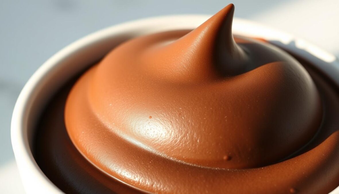 A close-up shot of a rich, decadent chocolate mousse with a smooth, velvety texture. The mousse is presented in a simple white ceramic bowl, set against a minimalist backdrop that emphasizes the delicate dessert. Gentle natural lighting from the side casts soft shadows, highlighting the mousse's glossy surface and subtle imperfections that give it an authentic, homemade appearance. The image conveys a sense of care and attention to detail in the preparation of this classic French dessert, reflecting the article's focus on avoiding common mistakes and finding solutions for a perfect mousse au chocolat.