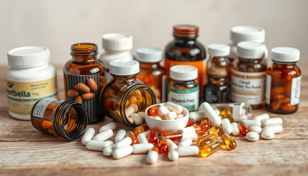 A collection of various nutritional supplements used to support rheumatic conditions, including capsules, tablets, and softgels. The supplements are arranged on a natural, wooden surface with a neutral background, allowing the focus to be on the products themselves. The lighting is soft and diffused, creating a warm and inviting atmosphere. The image conveys a sense of quality and effectiveness, reflecting the helpful nature of these supplements for individuals with rheumatic diseases.