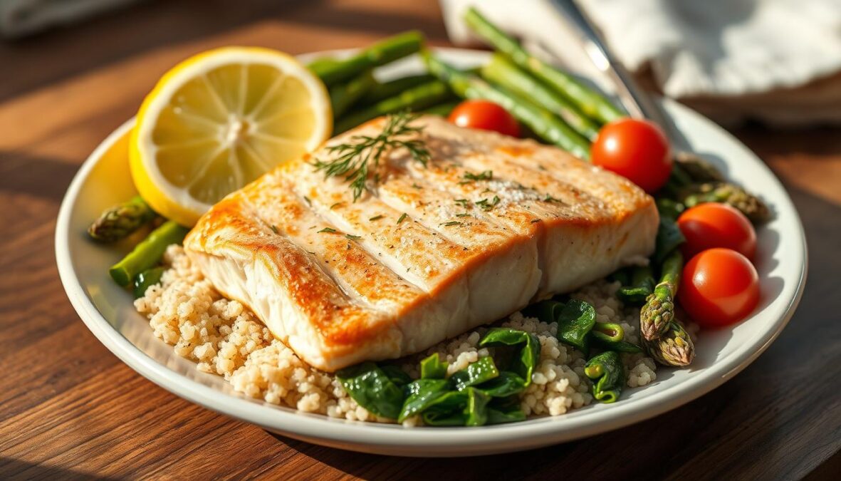 A delightful evening meal for weight loss: a light yet satisfying dish of roasted salmon fillets, seasoned with lemon, dill, and a sprinkle of sea salt, resting on a bed of fluffy quinoa and sautéed leafy greens. The plate is accented with vibrant cherry tomatoes and a side of crisp steamed asparagus spears, all bathed in the warm glow of natural lighting. The scene conveys a sense of health, simplicity, and balanced nutrition, captured with the clean, precise detail of a DSLR 85mm lens, showcasing the appetizing textures and colors in a photorealistic manner, with subtle natural imperfections that add to the authentic, homemade appeal.