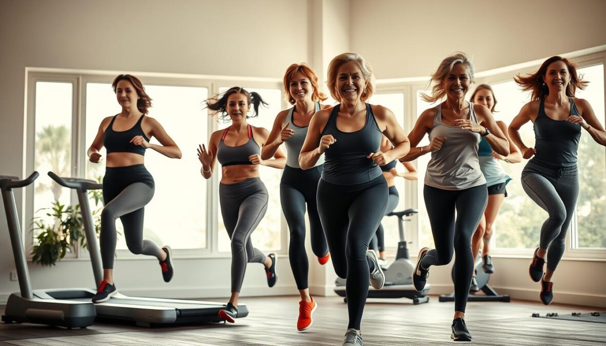 A group of active middle-aged women performing a high-intensity cardio workout in a well-equipped home gym. The scene is bathed in natural light from large windows, creating a warm and energetic atmosphere. The women move in sync, their faces focused and determined, as they jump, lunge, and run in place. Their athletic attire, ranging from sports bras and leggings to moisture-wicking tops, showcases their fit, toned physiques. Beads of sweat glisten on their skin, and their expressions convey a sense of empowerment and accomplishment. The room is decorated with minimalist, contemporary fitness equipment, including a treadmill, exercise bike, and free weights, adding to the modern, aspirational feel of the image.