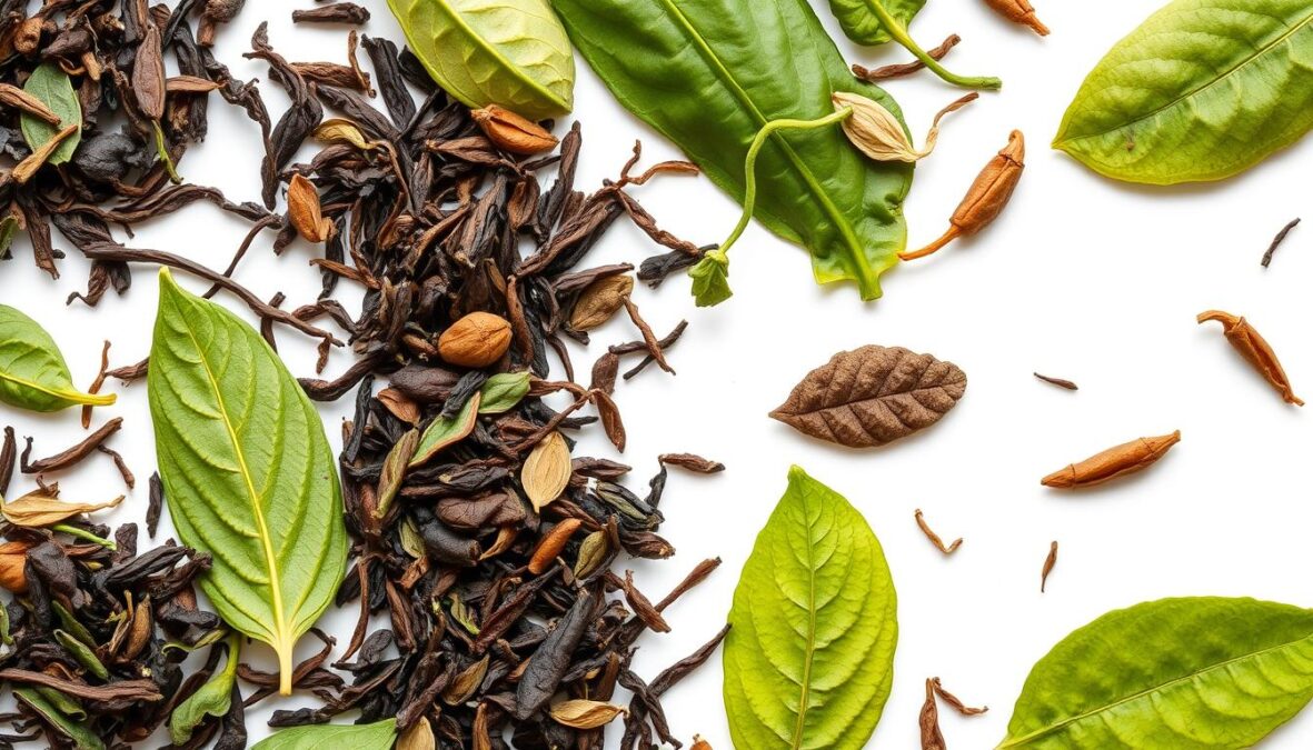 A photorealistic closeup image of a variety of high-quality tea leaves, including green, black, and herbal tea, captured with natural lighting and an 85mm DSLR lens. The tea leaves are displayed on a plain white background, showcasing their vibrant colors, intricate textures, and subtle imperfections. The image conveys a sense of quality, freshness, and the potential health benefits of the different tea varieties, aligning with the subject of the article on effective teas for weight loss.