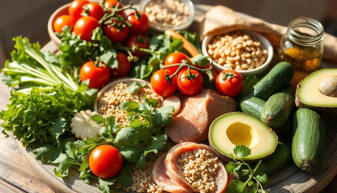 A picturesque Mediterranean-style spread showcasing the key elements of a balanced, healthy diet for Lipödem management. Freshly harvested vegetables, including vibrant tomatoes, leafy greens, and crisp cucumbers, artfully arranged alongside a selection of whole grains, lean protein sources, and heart-healthy fats like olive oil and avocado. The sun-dappled scene is captured with natural, soft lighting, evoking a sense of warmth and vitality. Textures and imperfections lend an authentic, documentary-style aesthetic, inviting the viewer to appreciate the simple, nourishing pleasures of this specialized Lipödem-friendly cuisine.