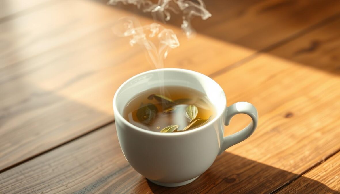 A pristine white ceramic teacup rests on a wooden table, steam gently rising from the aromatic brew. The water temperature is precisely measured, the leaves steeped for the optimal duration, creating a soothing, calming beverage. The lighting is soft and natural, highlighting the delicate hues of the tea and the reflective surface of the cup. The scene conveys a sense of tranquility and mindfulness, perfectly capturing the essence of the "Optimale Zubereitung und Dosierung für den Abnehmerfolg" section.
