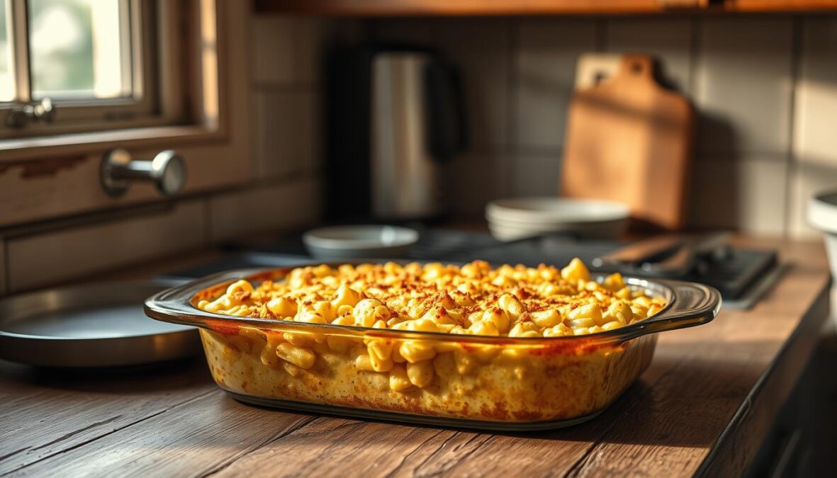 A rustic kitchen counter with a bubbling casserole dish of homemade mac and cheese. The gooey, golden-brown surface is speckled with breadcrumbs and hints of paprika, inviting the viewer to dig in. Soft, indirect light filters through a nearby window, casting warm shadows and highlights across the dish. The scene exudes a comforting, homey atmosphere, capturing the essence of troubleshooting a classic recipe. Photorealistic, natural lighting, DSLR 85mm lens, realistic imperfections, no text.