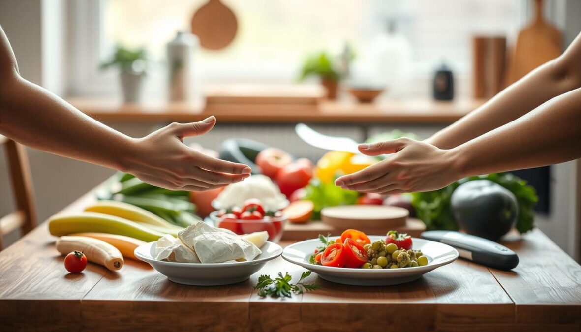A serene kitchen setting with an array of fresh, healthy ingredients laid out on a wooden table. The lighting is soft and natural, casting gentle shadows and highlights on the produce. In the foreground, a pair of slim, toned arms reach out, demonstrating proper portion control and meal preparation techniques. The background is blurred, but hints at a cozy, domestic atmosphere, encouraging the viewer to focus on the central message of avoiding common diet pitfalls. The overall mood is one of simplicity, mindfulness, and a balanced approach to weight loss.