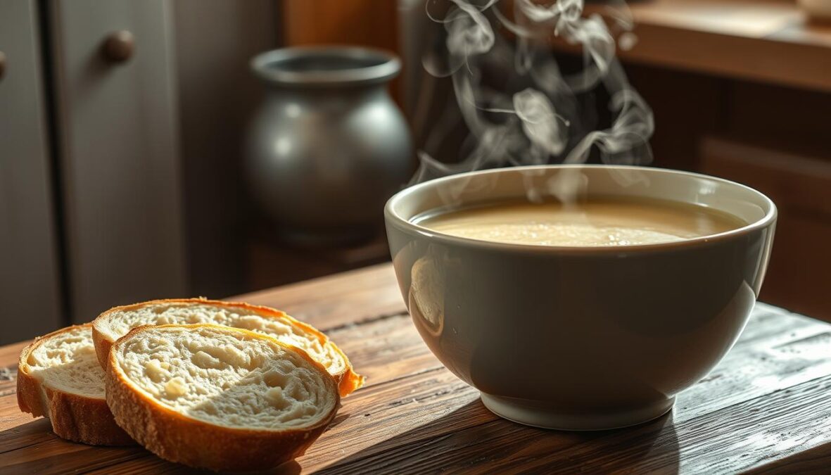 A steaming bowl of homemade cheese and leek soup sits on a rustic wooden table, the rich, creamy broth glistening in the soft, natural light. Sliced bread with a crispy golden crust rests nearby, ready to be dipped into the savory soup. Droplets of condensation cling to the bowl's edge, hinting at the comforting warmth within. In the background, a simple, uncluttered kitchen setting provides a serene, inviting atmosphere, highlighting the soup's simplicity and the care taken in its preparation. The image conveys a sense of nourishment and satisfaction, perfectly capturing the essence of this classic, hearty dish and the solutions to common problems in preparing it.
