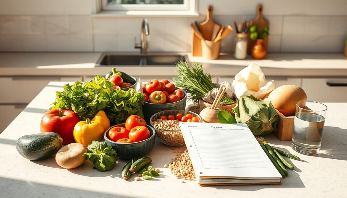 A sunny kitchen countertop with fresh seasonal produce, whole grains, and low-FODMAP ingredients neatly arranged. Crisp, clean light casts warm shadows across the scene. A glass of water and a meal prep planner sit nearby, conveying an organized, approachable approach to everyday Reizdarm-friendly eating. The composition highlights the thoughtful planning and practical application of a balanced, gut-friendly diet. Every element is meticulously crafted to inspire and guide the viewer towards sustainable, mindful mealtime routines.