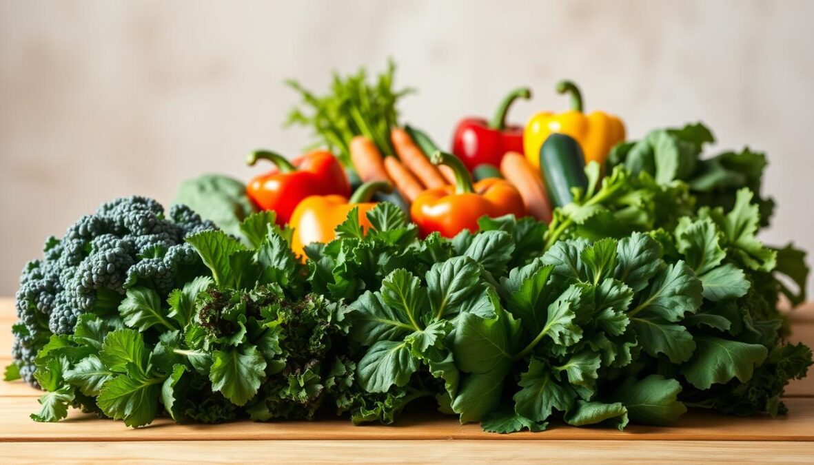 A vibrant still life of a variety of fresh, wholesome vegetables arranged on a wooden table. In the foreground, a selection of green leafy greens, such as kale, spinach, and Swiss chard, create a lush, textural tapestry. In the middle ground, an assortment of colorful vegetables, including bell peppers, carrots, and zucchini, are positioned in a natural, organic manner. The background features a neutral, earthy color palette, allowing the produce to take center stage. The lighting is soft and natural, creating a warm, inviting atmosphere. The image conveys a sense of health, vitality, and a balanced, liver-friendly diet.