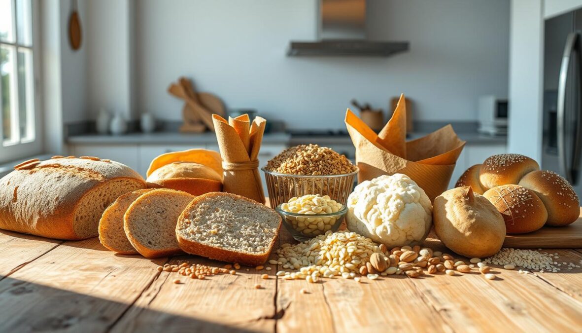 A vibrant still life showcasing an assortment of low-carb bread alternatives for the year 2025. In the foreground, freshly baked loaves of almond flour bread, flaxseed crackers, and cauliflower-based rolls are arranged on a rustic wooden table, casting warm shadows under natural daylight streaming through a large window. The middle ground features a variety of healthy grains, seeds, and nuts used in the preparation of these innovative, carb-conscious breads. The background subtly hints at a modern, minimalist kitchen setting, with clean white walls and stainless steel appliances, creating an atmosphere of health-conscious culinary innovation. The image exudes a sense of culinary creativity and a forward-thinking approach to low-carb dietary choices.