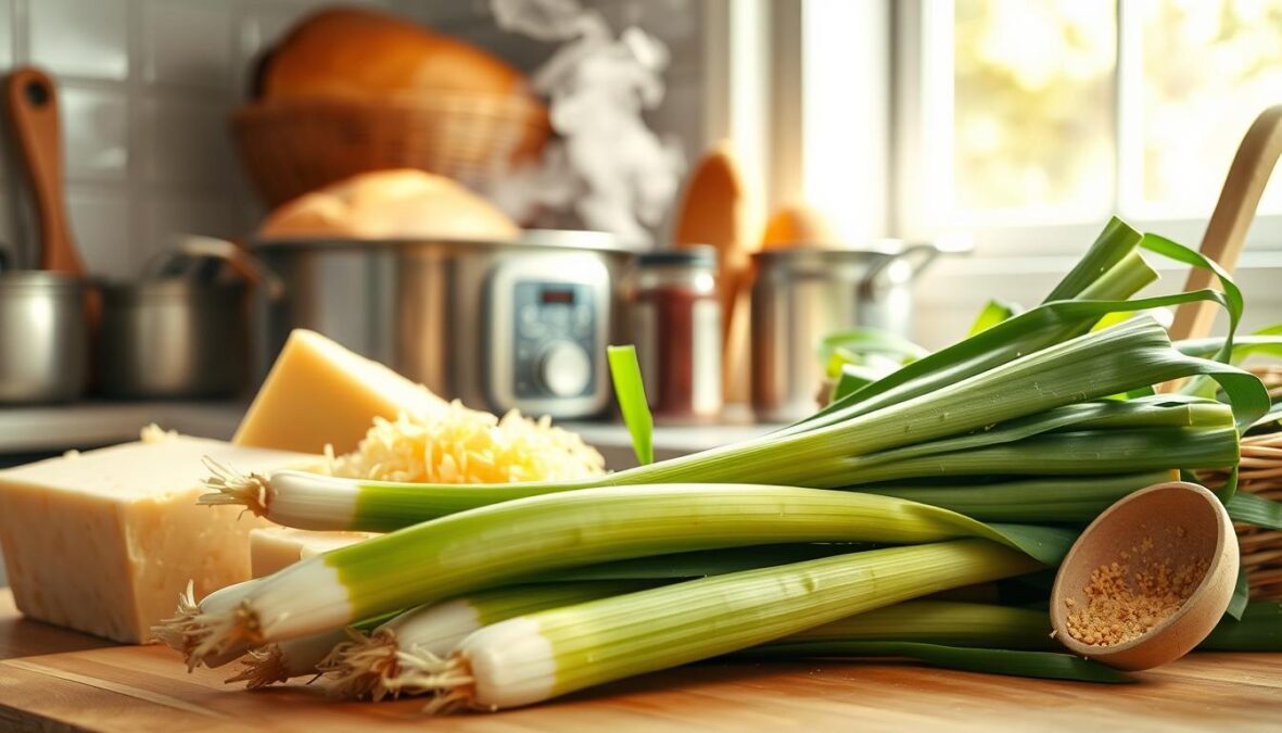A well-stocked kitchen counter displaying a variety of budget-friendly ingredients for a hearty leek and cheese soup. In the foreground, a bundle of fresh leeks, their vibrant green stems and white bulbs nestled alongside a block of grated cheddar cheese. In the middle ground, a simmering pot releases fragrant steam, while a basket of crusty bread and a simple wooden ladle complete the scene. The natural light filtering through a nearby window casts a warm, inviting glow, creating a cozy, homemade atmosphere. The overall scene conveys a sense of simplicity, affordability, and the comforting nature of a nourishing, wholesome meal.