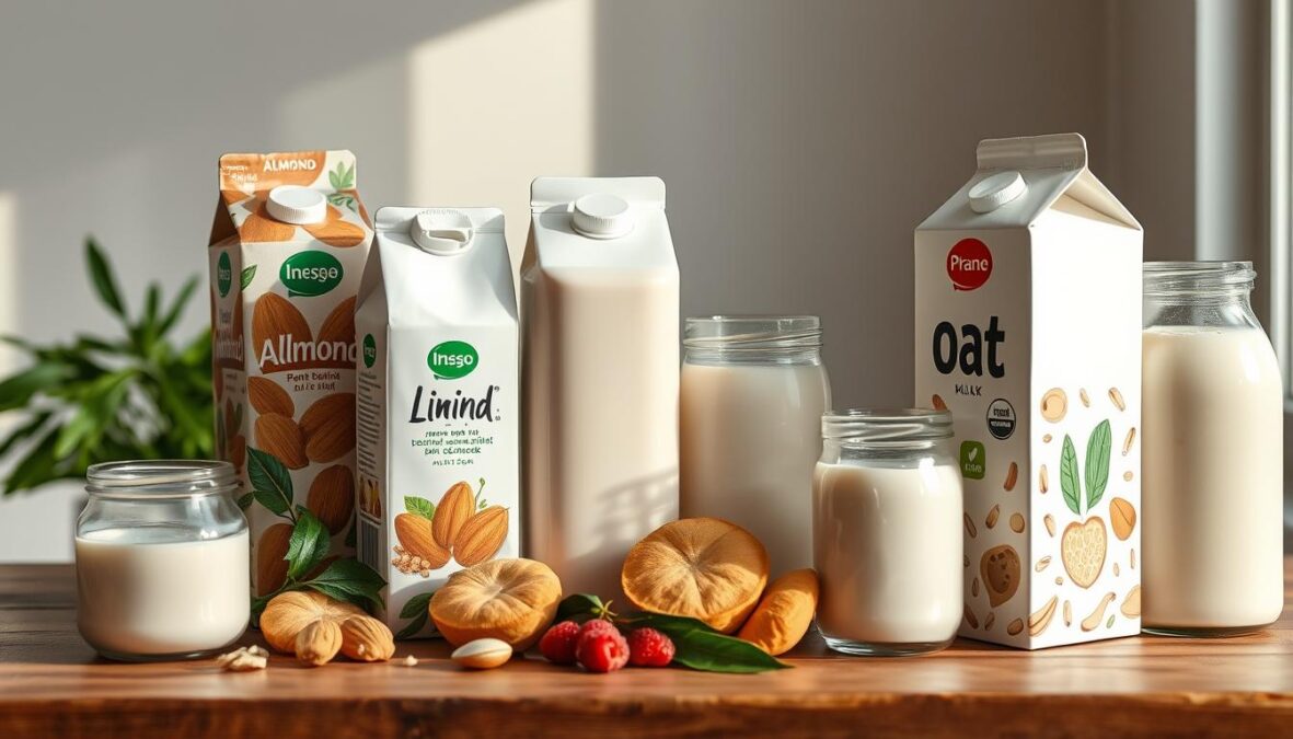 Assortment of fresh plant-based milk alternatives, including almond, soy, and oat milk cartons, arranged on a wooden table. Soft, natural lighting illuminates the scene, highlighting the textures and colors of the various milk varieties. The composition emphasizes the diversity of dairy-free options available, suitable for those with Hashimoto's thyroid condition who need to avoid lactose. A DSLR 85mm lens captures the scene in a photorealistic, imperfect manner, conveying a sense of authenticity and natural presentation.