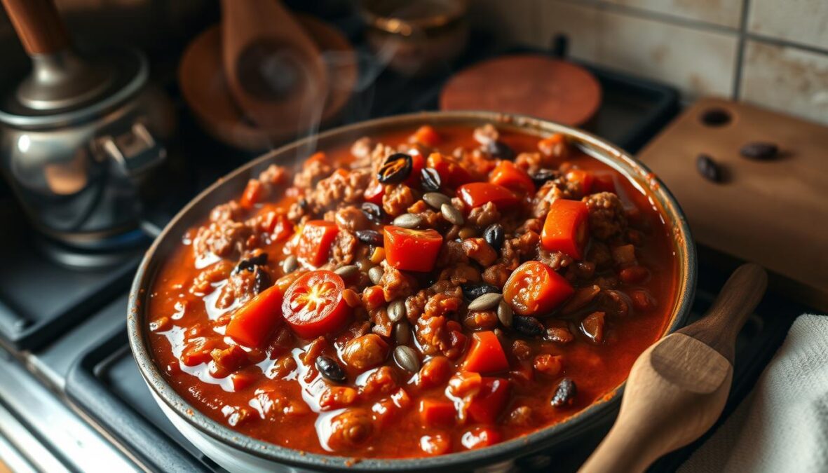 Chili con carne simmering on a rustic stovetop, steam rising and the aroma of spices filling the air. Diced tomatoes, red bell peppers, and ground beef blend together in a rich, savory sauce. Whole cumin seeds and dried chili peppers add depth and a subtle heat. Warm lighting casts a cozy glow, highlighting the textural imperfections of the homemade dish. Wooden utensils and a worn cutting board suggest a well-used kitchen, where the secrets to avoiding common chili-cooking mistakes have been honed over time.