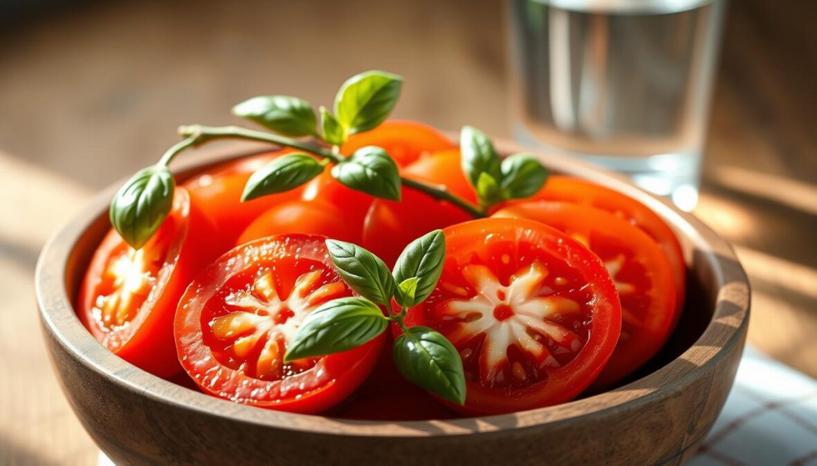 Freshly sliced ripe tomatoes, their vibrant red hues gleaming under natural light, arranged in a rustic wooden bowl. Alongside, a sprig of fragrant basil, its verdant leaves complementing the tomatoes' juicy appearance. In the background, a glass of water reflects the scene, creating a serene and inviting atmosphere. The overall composition conveys the wholesome, nutritious essence of homemade tomato soup, highlighting its healthy ingredients and the benefits they provide.