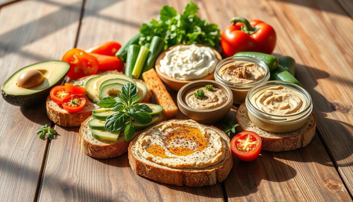 Photorealistic arrangement of healthy bread spreads for weight loss, artfully displayed on a rustic wooden table. An assortment of nutrient-dense toppings such as avocado, hummus, nut butters, and fresh vegetables like tomatoes, cucumbers, and bell peppers. Natural daylight illuminates the scene, creating soft shadows and highlights the textures of the ingredients. The composition emphasizes the simplicity and wholesomeness of these nutritious bread accompaniments, inspiring a sense of balance and wellness. DSLR 85mm lens captures the scene with realistic imperfections, elevating the natural, homemade aesthetic.