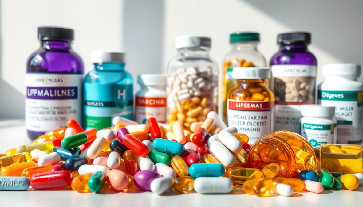 Photorealistic arrangement of various dietary supplements and vitamins, showcasing a selection of nutritional products commonly used to support the management of lipedema. The foreground features a variety of colorful capsules, tablets, and softgels arranged in an elegant, balanced composition. The middle ground includes glass jars and bottles with descriptive labels, hinting at the diversity of supplement options. The background depicts a clean, minimalist backdrop, allowing the supplements to take center stage. Natural lighting casts soft, even shadows, creating a sense of depth and dimensionality. The overall mood is one of health, wellness, and the potential benefits of supplementation for individuals affected by lipedema.
