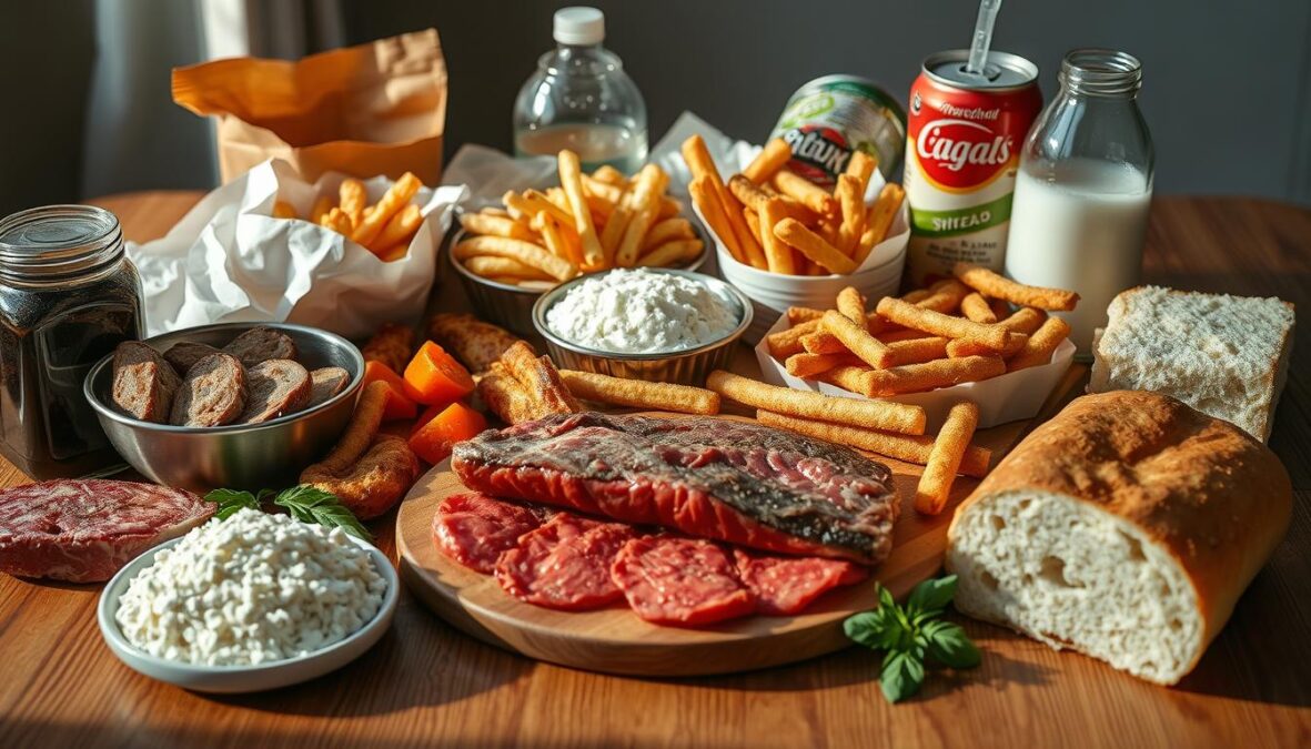 Photorealistic close-up image of a variety of inflammatory foods that can exacerbate rheumatism symptoms, including red meat, fried foods, processed snacks, sugary drinks, and white bread. The items are arranged neatly on a wooden table, with natural lighting creating soft shadows and highlights. The image conveys a sense of potential harm, with the unhealthy food items taking center stage. Realistic imperfections and textures are present, capturing the gritty, unprocessed nature of the ingredients. No text or captions are visible.