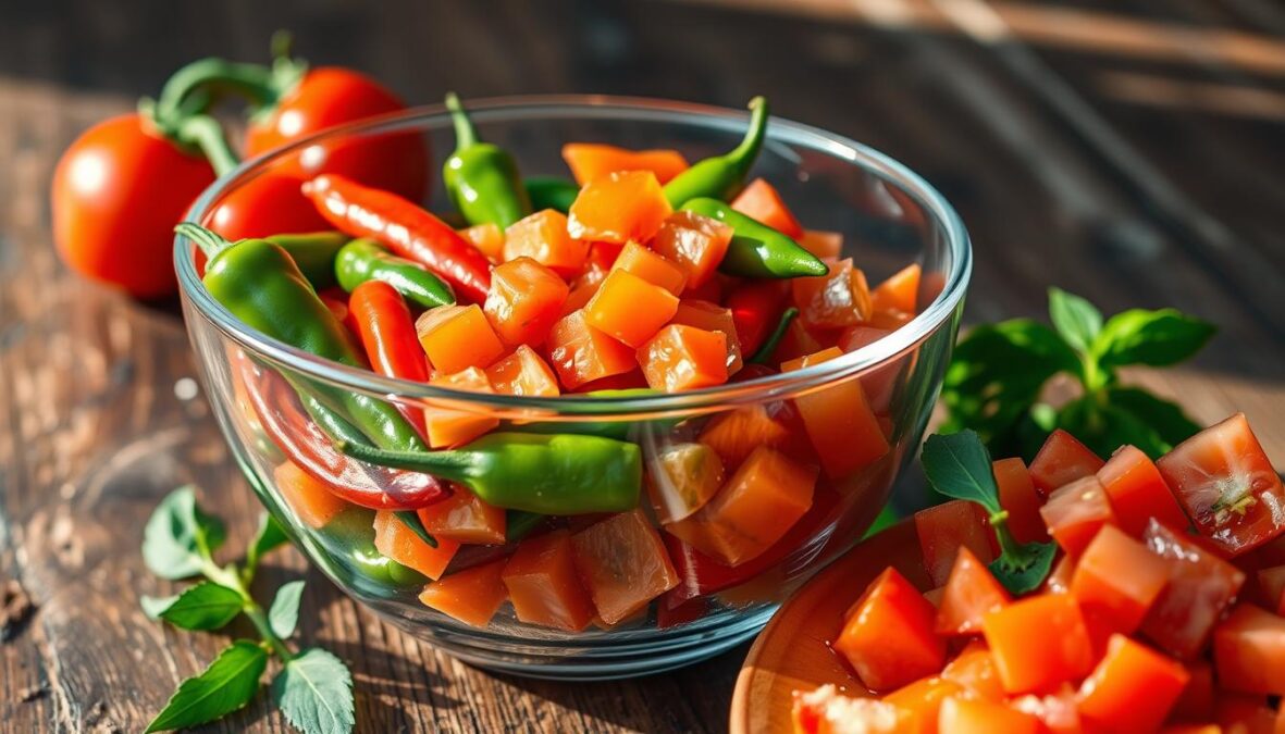 Photorealistic image of a glass bowl filled with chili peppers, diced tomatoes, and other vibrant ingredients. The bowl is placed on a rustic wooden table, with natural lighting casting soft shadows and highlights. The chili peppers are depicted in various shades of red, orange, and green, showcasing their distinctive shapes and textures. The tomatoes are juicy and ripe, complementing the overall color palette. The arrangement conveys a sense of freshness and health, reflecting the nutritional value and benefits of the ingredients. The image captures the essence of a well-balanced, nourishing meal.