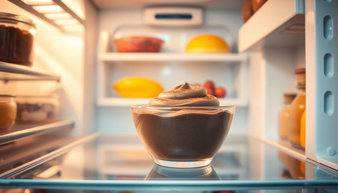 Photorealistic image of a refrigerator interior, with a small glass bowl of chocolate mousse in the center. The bowl has a smooth, creamy texture and a rich, dark chocolate color. The mousse is chilled and neatly presented, with a light dusting of cocoa powder on top. The refrigerator shelves are clean and organized, with other food items visible in the background. The lighting is natural and warm, creating a cozy, appetizing atmosphere. The scene conveys the proper storage and preservation of this delectable dessert.