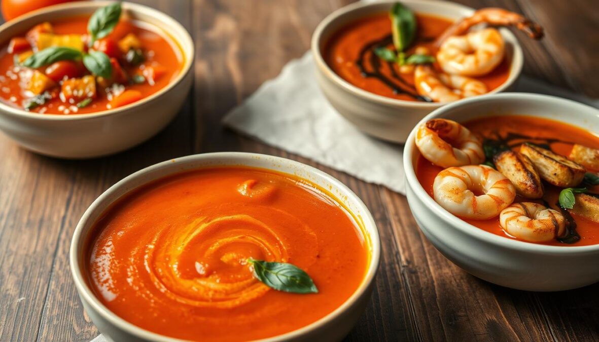 Photorealistic image of a variety of Mediterranean-style tomato soups. In the foreground, a bowl of rich, vibrant red tomato soup with a swirl of olive oil and fresh basil leaves. In the middle ground, another bowl of tomato soup with roasted red peppers, garlic croutons, and a sprinkle of Parmesan cheese. In the background, a third bowl of tomato soup garnished with grilled shrimp, sliced avocado, and a drizzle of balsamic reduction. The soups are beautifully presented on a rustic wooden table, with a natural, warm lighting that casts gentle shadows and highlights the textures and colors of the ingredients. The image conveys the comforting, flavorful, and versatile nature of Mediterranean-inspired tomato soup variations.