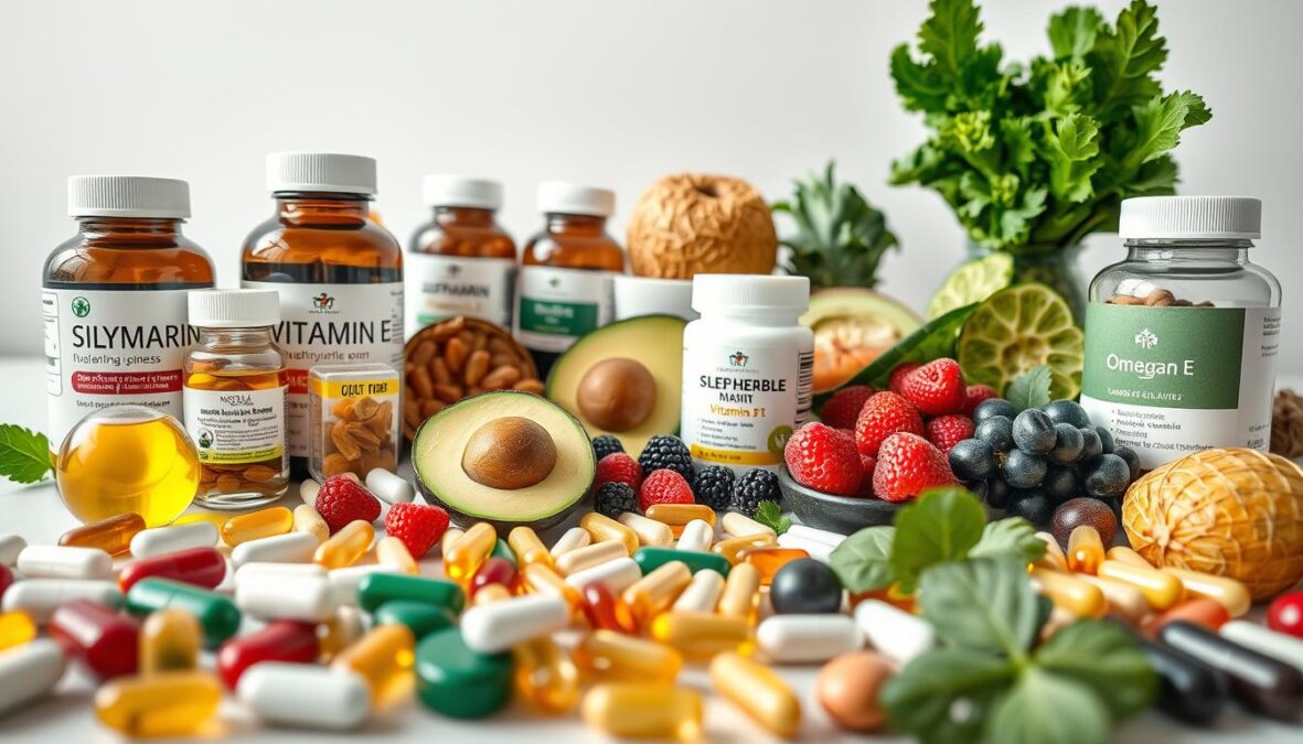 Photorealistic image of an assortment of dietary supplements and functional foods to support liver health. The foreground features various capsules, tablets, and bottles of herbal extracts, vitamins, and minerals commonly used for non-alcoholic fatty liver disease (NAFLD) treatment, such as silymarin, vitamin E, and omega-3 fatty acids. The middle ground showcases fresh produce like avocados, berries, and leafy greens, highlighting the importance of a nutrient-dense diet. The background has a clean, minimalist setting with soft, natural lighting, emphasizing the health and wellness theme. Realistic imperfections and textures are present, creating a sense of authenticity.