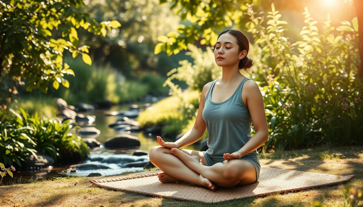 Photorealistic scene of a person practicing relaxation techniques in a serene, sun-dappled garden. Soft, natural lighting filters through lush foliage, casting gentle shadows. The subject sits cross-legged on a woven mat, eyes closed, hands resting palms-up on their lap, exuding a sense of tranquility and inner peace. The background features a meandering stream with smooth, reflective surfaces, surrounded by verdant plants and wildflowers. Subtle imperfections and textures lend an organic, authentic quality to the image, capturing the essence of stress management and lifestyle factors for soothing an irritable bowel.