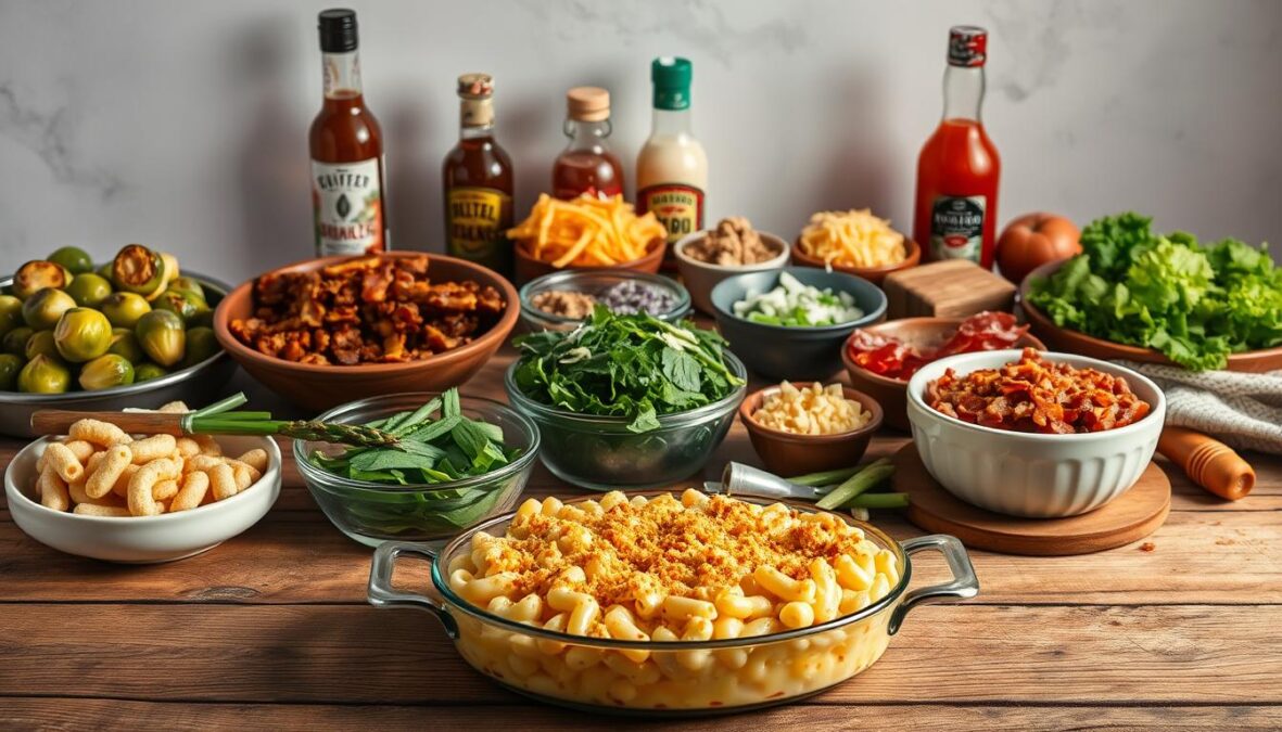 Photorealistic still life composition showcasing a variety of delicious mac and cheese side dishes and serving ideas. In the foreground, a creamy, melty macaroni and cheese casserole with golden brown breadcrumb topping sits on a rustic wooden table. Surrounding it are neatly arranged side items such as sautéed brussels sprouts, roasted asparagus spears, crispy bacon bits, and a fresh green salad. In the middle ground, an assortment of garnishes and condiments like shredded cheese, chopped scallions, and hot sauce bottles are elegantly displayed. The background features a neutral, naturally-lit setting with soft shadows and subtle textures, creating a cozy, appetizing atmosphere.
